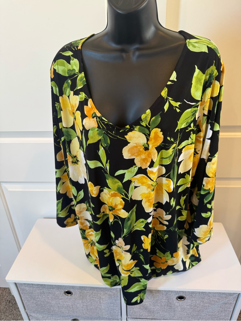 Susan Graver Black Top with Yellow and Green Floral Print